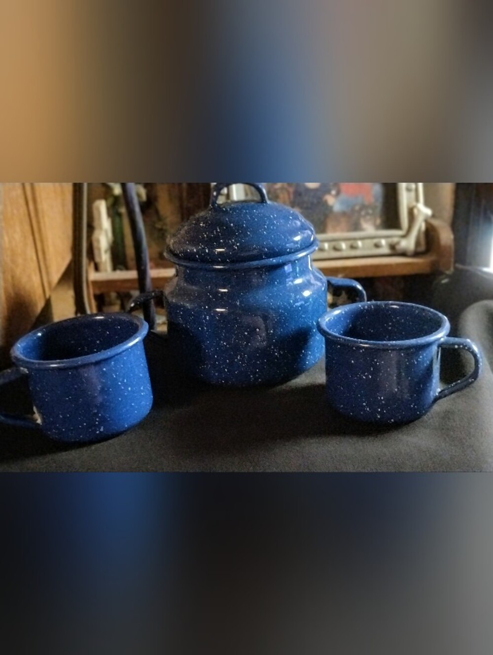 Vintage Cobalt Blue Speckled Enamelware Mini Lidded Pot W/ 2 Matching Cups 3pc